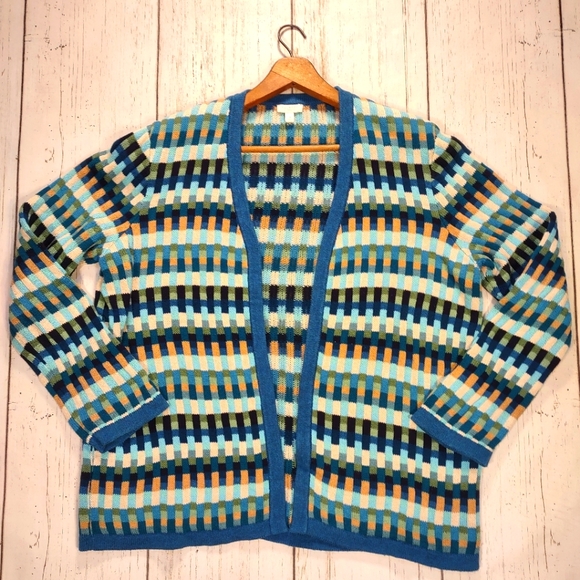 Talbots Cotton Geometric Stripe Block Open Front Cardigan Blue - Picture 2 of 9